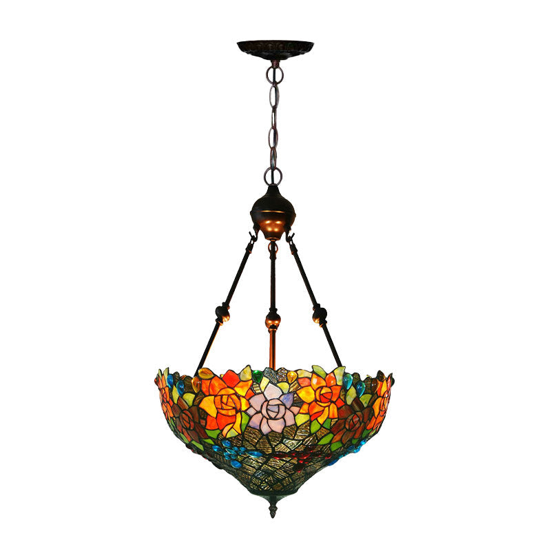 Mediterranean Floral Stained Art Glass Chandelier Pendant Light With 3 Hanging Lamps In