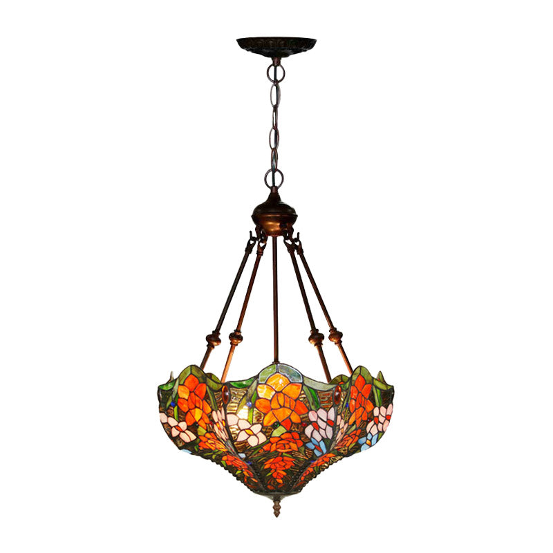 Mediterranean Floral Stained Art Glass Chandelier Pendant Light With 3 Hanging Lamps In