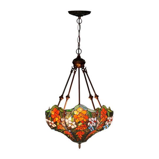 Mediterranean Floral Stained Art Glass Chandelier Pendant Light With 3 Hanging Lamps In