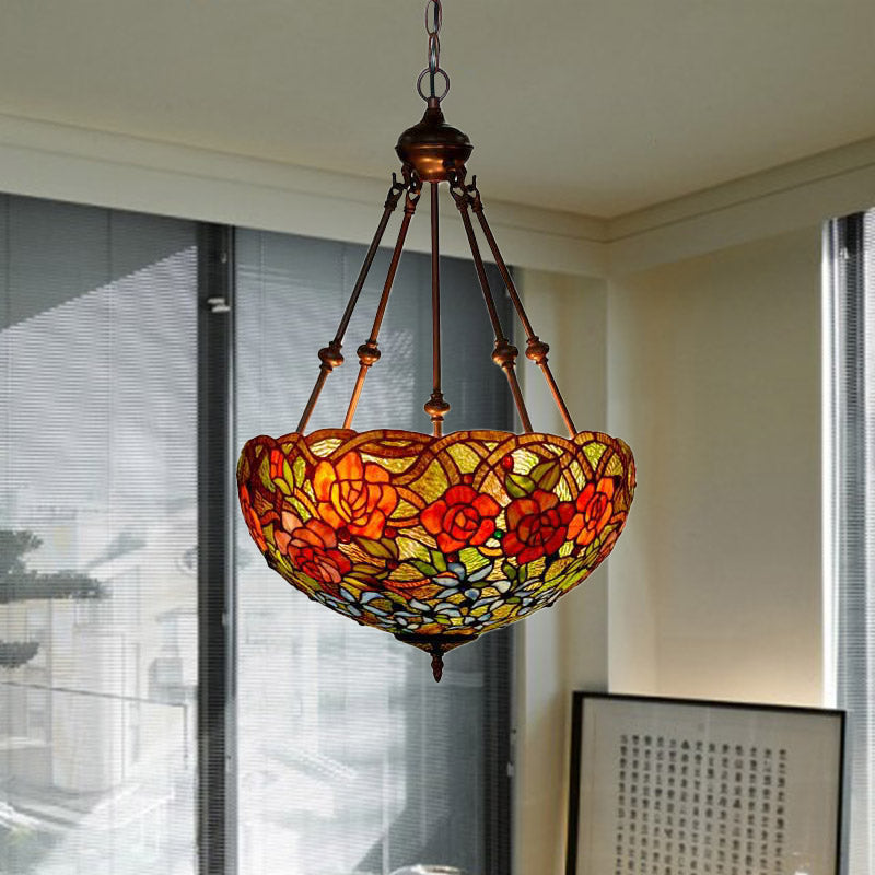 Mediterranean Floral Stained Art Glass Chandelier Pendant Light With 3 Hanging Lamps In
