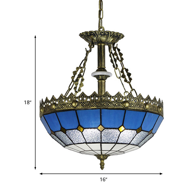 White/Blue 3-Light Tiffany Glass Pendant Chandelier For Bedroom – 12’/16’ Width