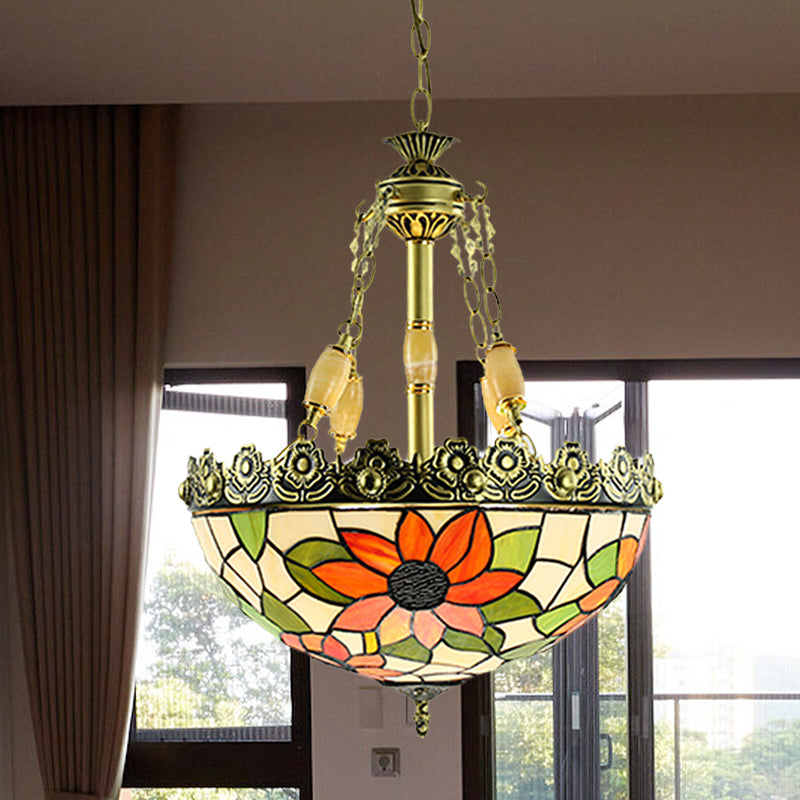 Sunflower/Rose Chandelier Pendant Light Kit - Stained Art Glass 3/4 Lights Red/Green Bedroom