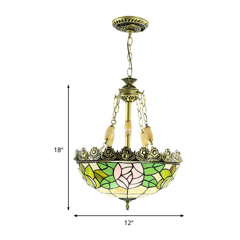 Sunflower/Rose Chandelier Pendant Light Kit - Stained Art Glass 3/4 Lights Red/Green Bedroom