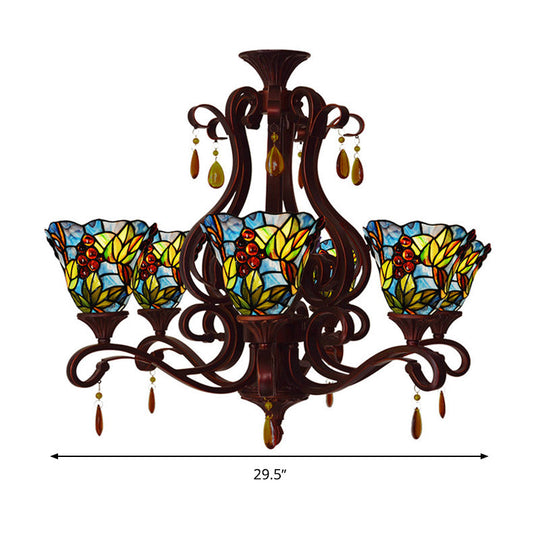 Victorian 6-Light Bedroom Ceiling Chandelier With Floral Stained Glass Shades In Red Pink And Blue