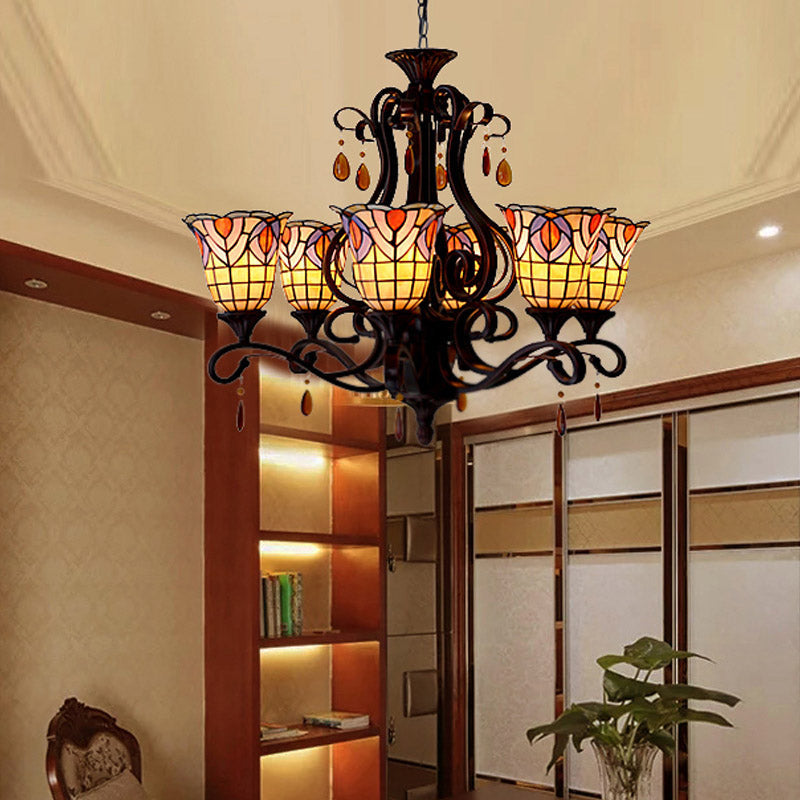 Victorian 6-Light Bedroom Ceiling Chandelier With Floral Stained Glass Shades In Red Pink And Blue