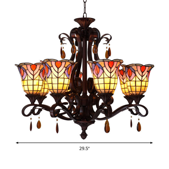 Victorian 6-Light Bedroom Ceiling Chandelier With Floral Stained Glass Shades In Red Pink And Blue