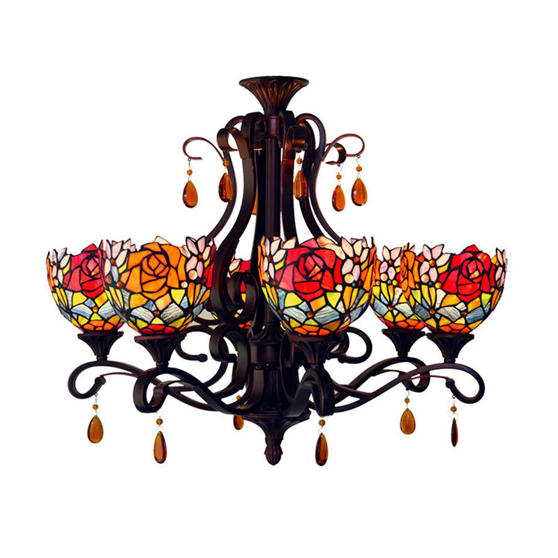 Mediterranean Stained Glass Chandelier - 6-Lights Red/Yellow/Blue Pendant With Crystal Droplet