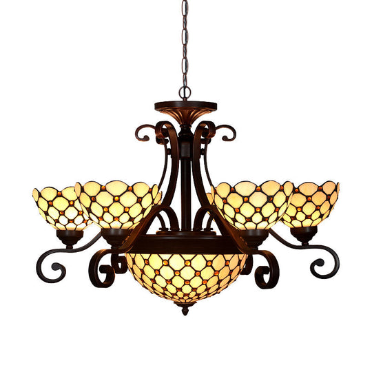 Stained Glass Chandelier Light Tiffany - Domed Design 9 Lights White/Red/Beige Ideal For Living