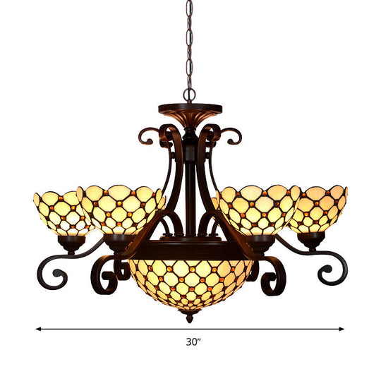 Stained Glass Chandelier Light Tiffany - Domed Design 9 Lights White/Red/Beige Ideal For Living