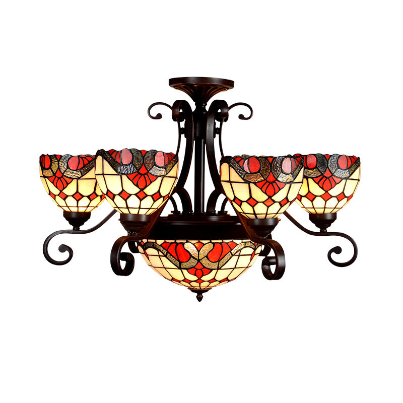 Stained Glass Chandelier Light Tiffany - Domed Design 9 Lights White/Red/Beige Ideal For Living