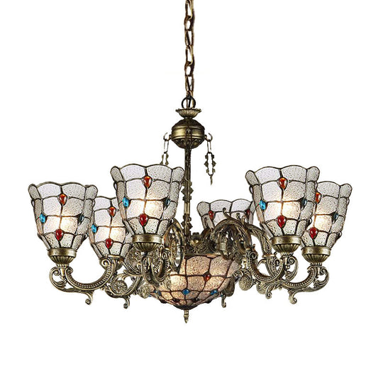Tiffany Style Arm Chandelier With Frosted Glass Shades - 9/12 Lights Bronze Pendant Lamp For Living