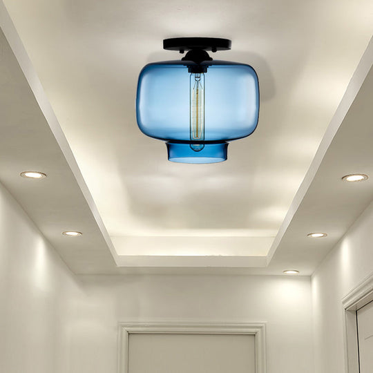 Modern Multi - Colored Lantern Flushmount Light With Glass Shade - Black Finish Sky Blue