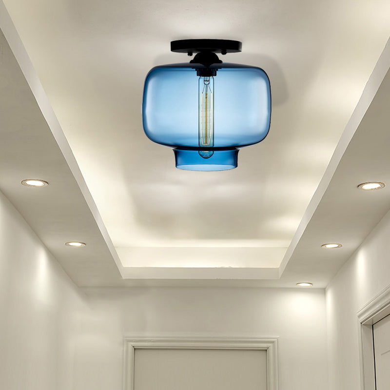 Modern Multi-Colored Lantern Flushmount Light With Glass Shade - Black Finish Sky Blue