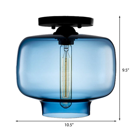 Modern Multi - Colored Lantern Flushmount Light With Glass Shade - Black Finish