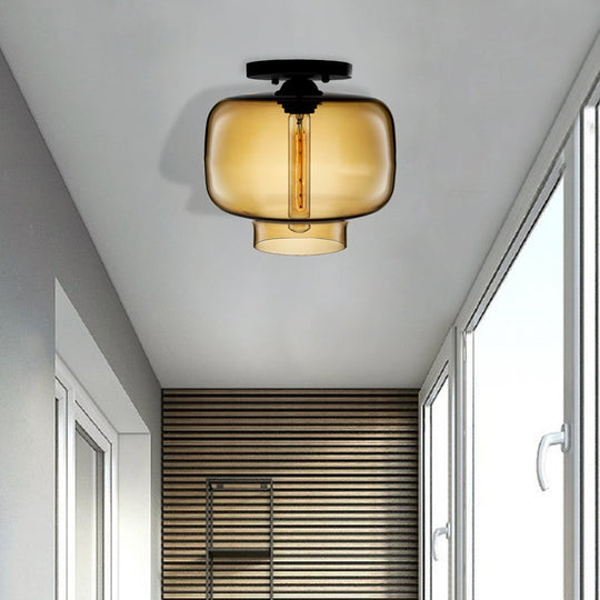 Modern Multi-Colored Lantern Flushmount Light With Glass Shade - Black Finish Amber