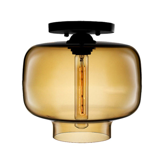 Modern Multi-Colored Lantern Flushmount Light With Glass Shade - Black Finish