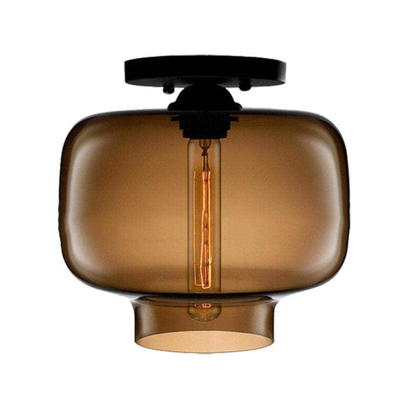 Modern Multi-Colored Lantern Flushmount Light With Glass Shade - Black Finish