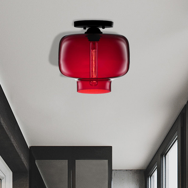 Modern Multi-Colored Lantern Flushmount Light With Glass Shade - Black Finish Red