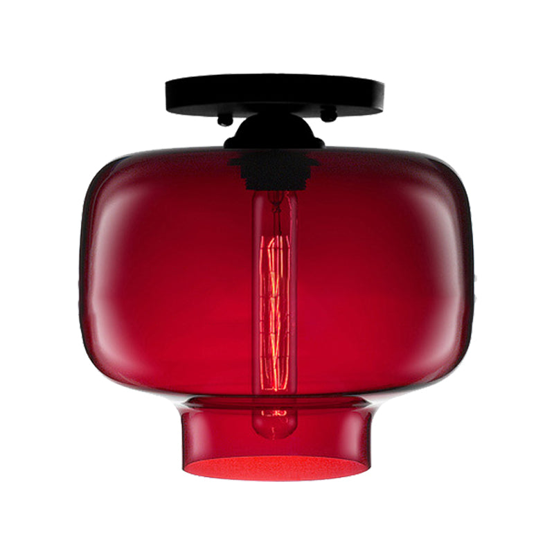 Modern Multi-Colored Lantern Flushmount Light With Glass Shade - Black Finish