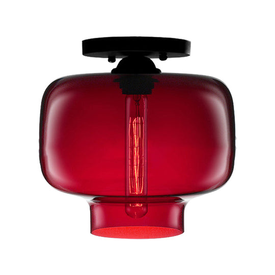 Modern Multi-Colored Lantern Flushmount Light With Glass Shade - Black Finish