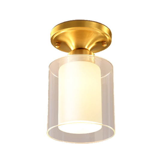 Gold Finish Cylindrical Semi Flush Ceiling Light - Glass Shade Simple 1-Bulb Semi-Flush Mount Ideal