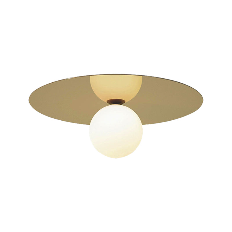 Contemporary 12’ Flushmount Ceiling Lamp With Brass Finish Milk Glass Shade & 1 Bulb