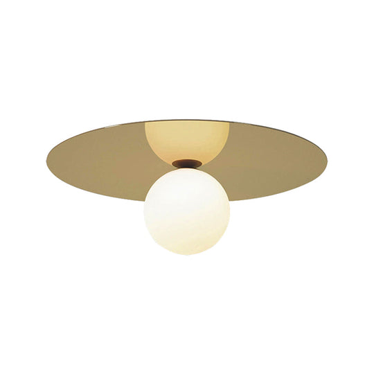 Contemporary 12’ Flushmount Ceiling Lamp With Brass Finish Milk Glass Shade & 1 Bulb