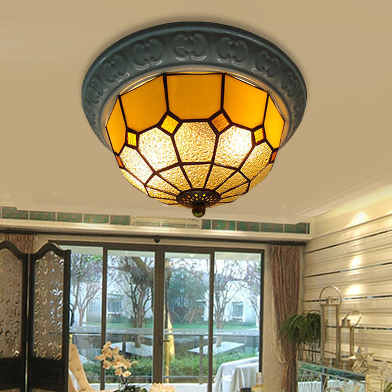 Colorful Grid Pattern Flush Mount Ceiling Light For Hallway - 2 Lights With Tiffany Style Cut Glass