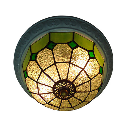Colorful Grid Pattern Flush Mount Ceiling Light For Hallway - 2 Lights With Tiffany Style Cut Glass