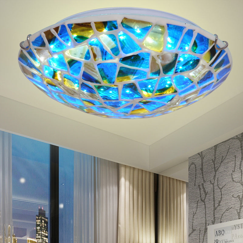 Mediterranean Blue Stained Glass Flushmount Lighting - 2/3/4 Lights Close To Ceiling Lamp For Living