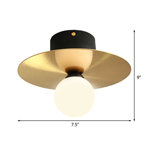 Modern Milk Glass Ceiling Light Fixture With Gold Disk - Contemporary 1 - Bulb Lighting For Living