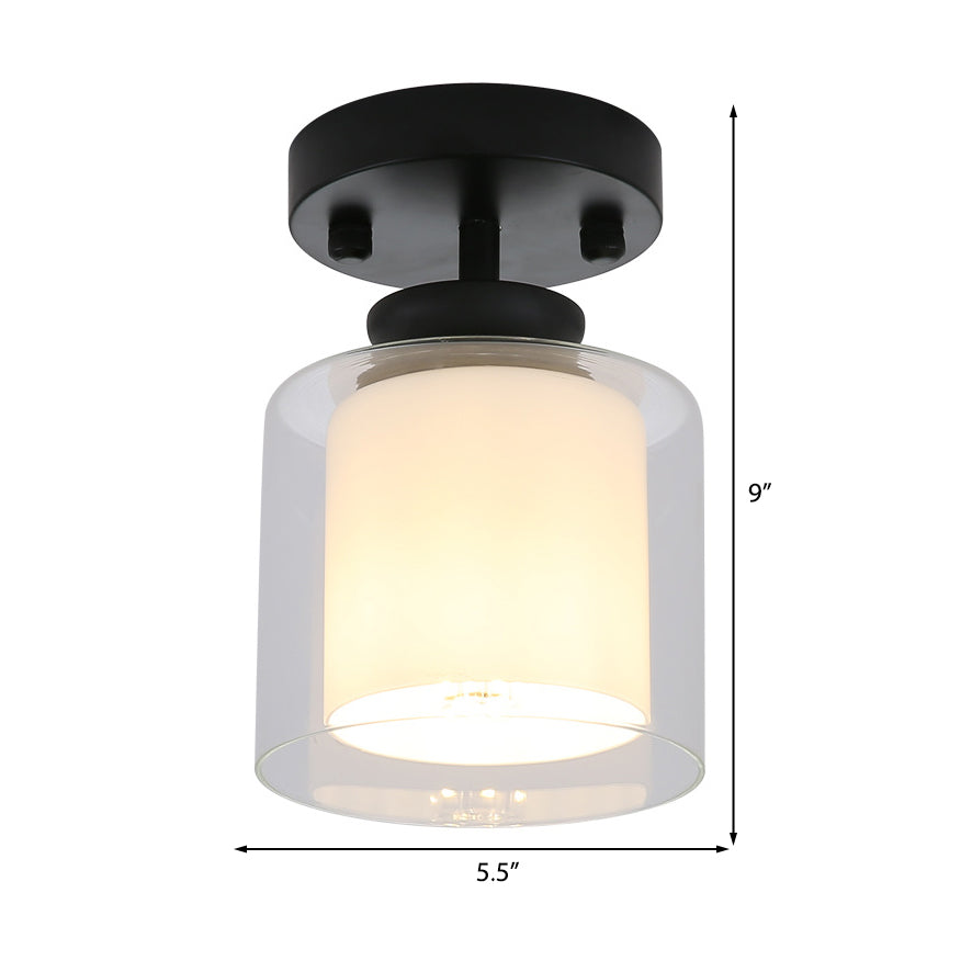 Contemporary Cylinder Semi Flush Ceiling Light With Glass Shade - Black/Silver/Gold Finish 1 Bulb