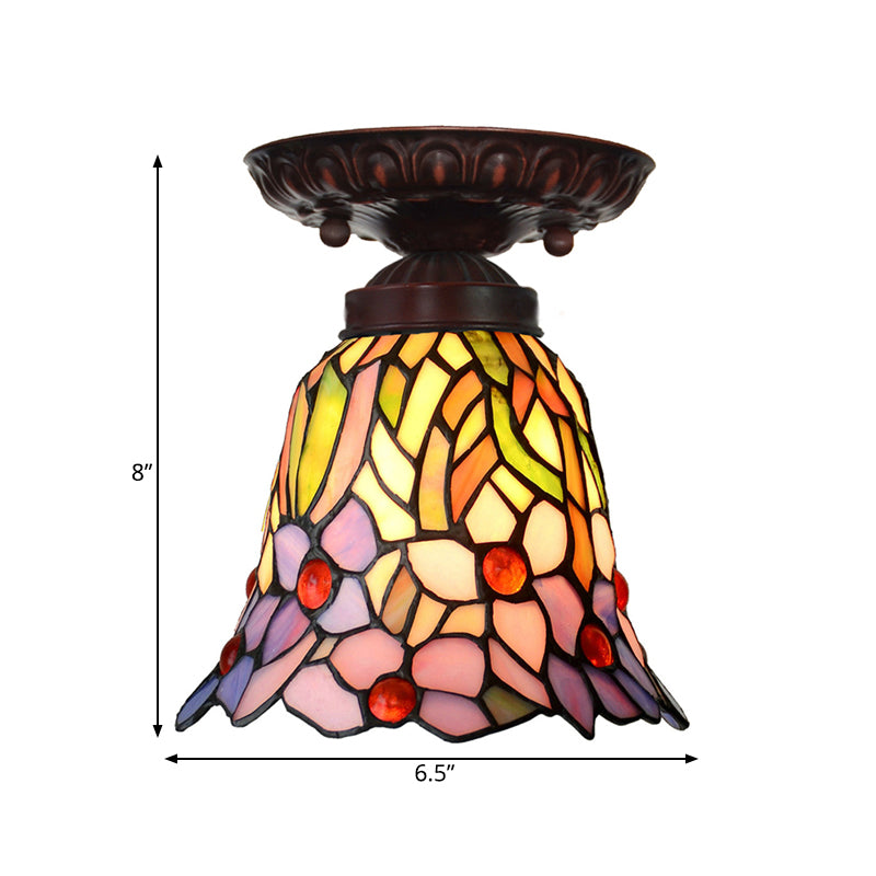 Victorian Bell Flush Mount Ceiling Lamp - Pink/Blue Stained Glass Bedroom Light Fixture With 1