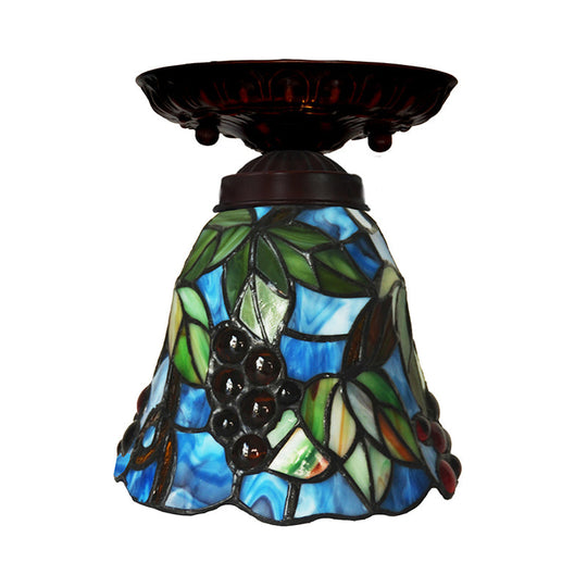 Victorian Bell Flush Mount Ceiling Lamp - Pink/Blue Stained Glass Bedroom Light Fixture With 1