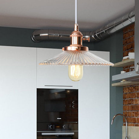 Vintage Stylish Clear Ribbed Glass Saucer Pendant Lighting - 1 Head Ceiling Fixture For Coffee Shop