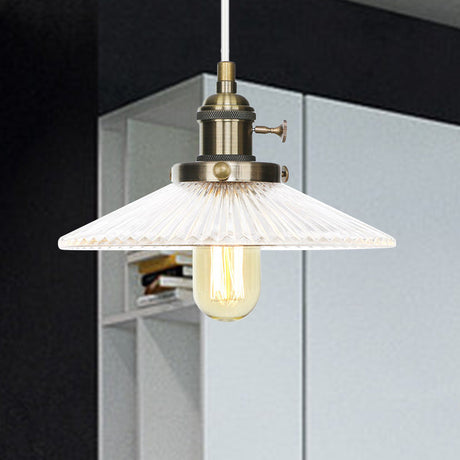 Vintage Stylish Clear Ribbed Glass Saucer Pendant Lighting - 1 Head Ceiling Fixture For Coffee Shop