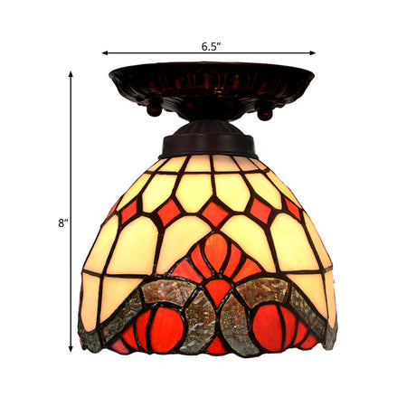 Victorian Ceiling-Mounted Stained Glass Light With Domed Design - 1 Flushmount Red/Pink/Orange Ideal