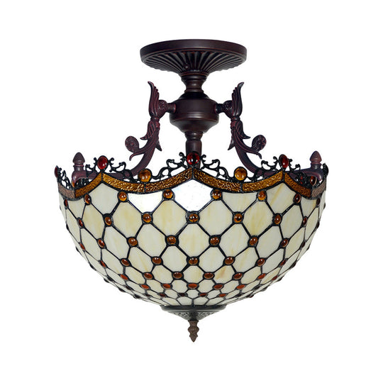 Dome Semi-Mount Tiffany Beige/Light Blue Glass Ceiling Light Fixture - Bronze 3-Light Living Room