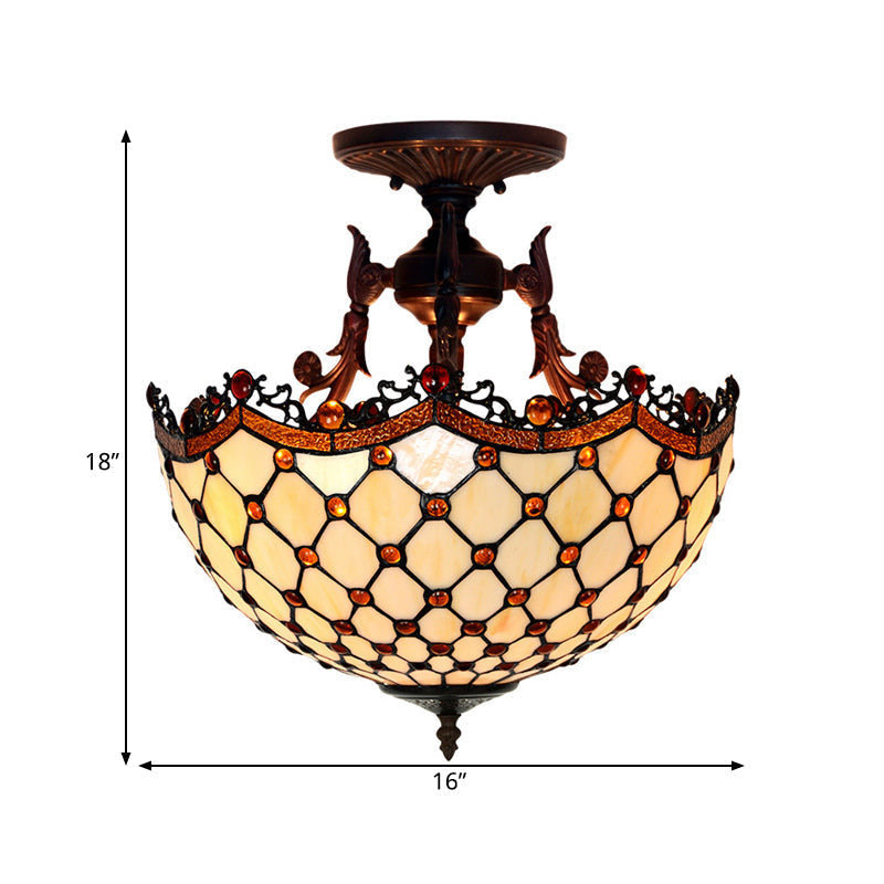 Dome Semi-Mount Tiffany Beige/Light Blue Glass Ceiling Light Fixture - Bronze 3-Light Living Room