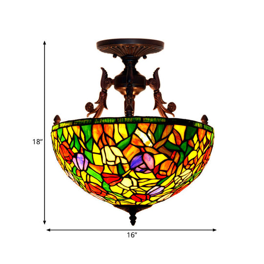 Semi Flush Mediterranean Bronze Blossom Ceiling Mount With Red/Orange/Green Cut Glass - Ideal For