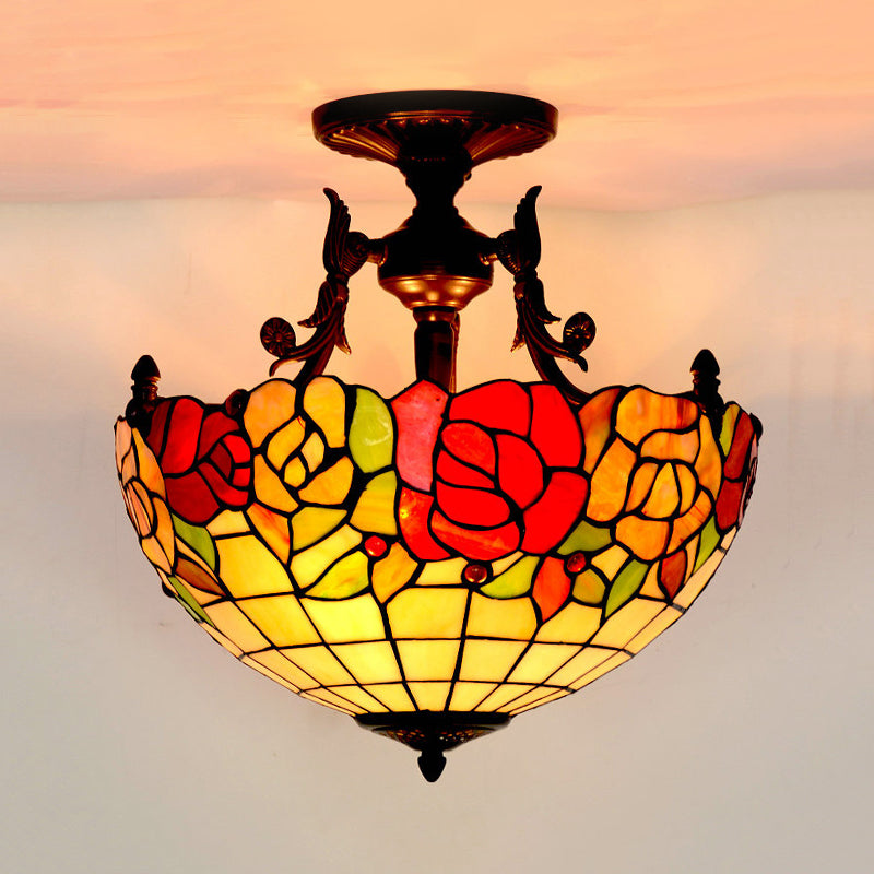 Mediterranean Flower Stained Glass Ceiling Light For Bedroom - 3-Light Semi Flush Mount In