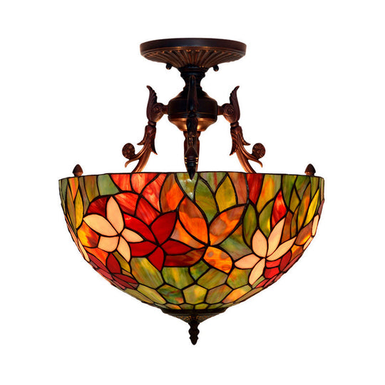Mediterranean Flower Stained Glass Ceiling Light For Bedroom - 3-Light Semi Flush Mount In