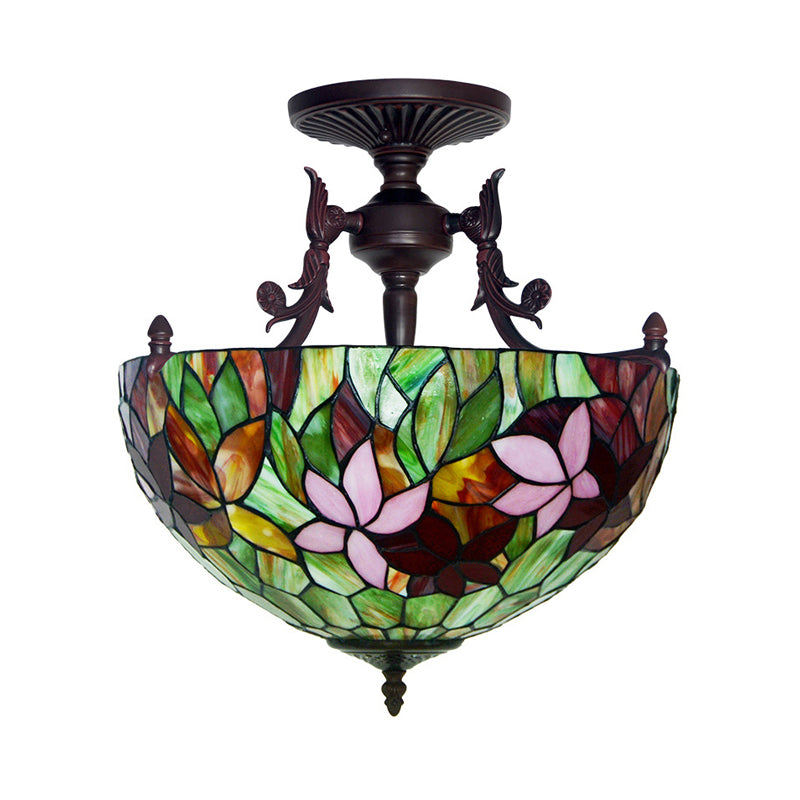 Mediterranean Flower Stained Glass Ceiling Light For Bedroom - 3-Light Semi Flush Mount In