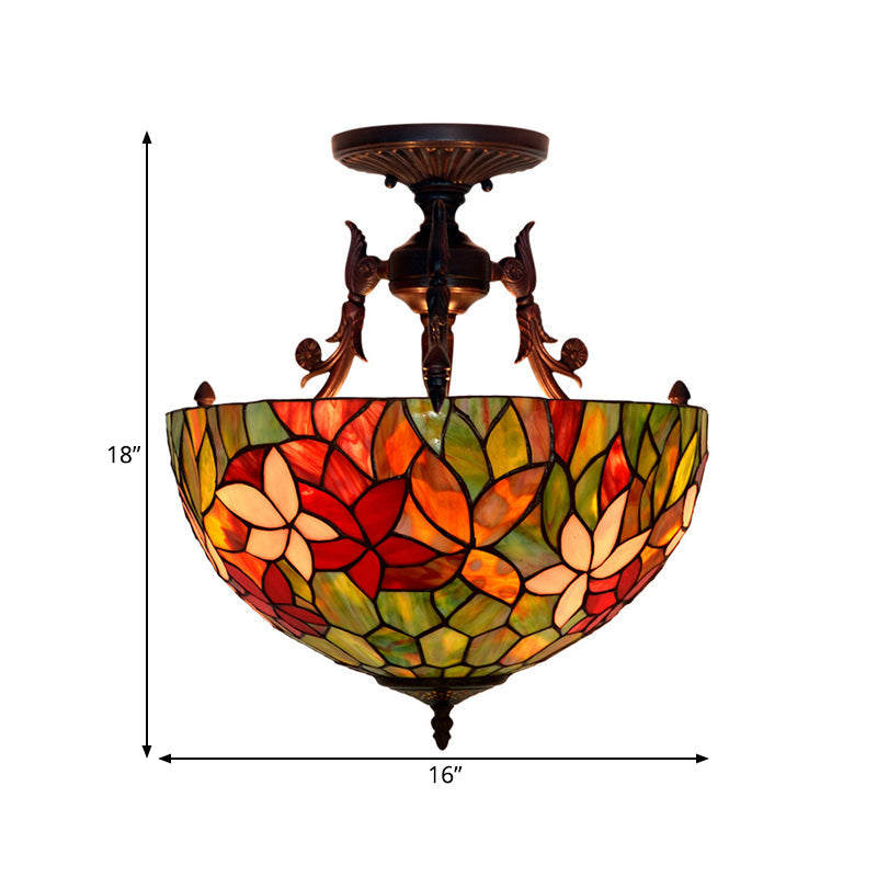 Mediterranean Flower Stained Glass Ceiling Light For Bedroom - 3-Light Semi Flush Mount In