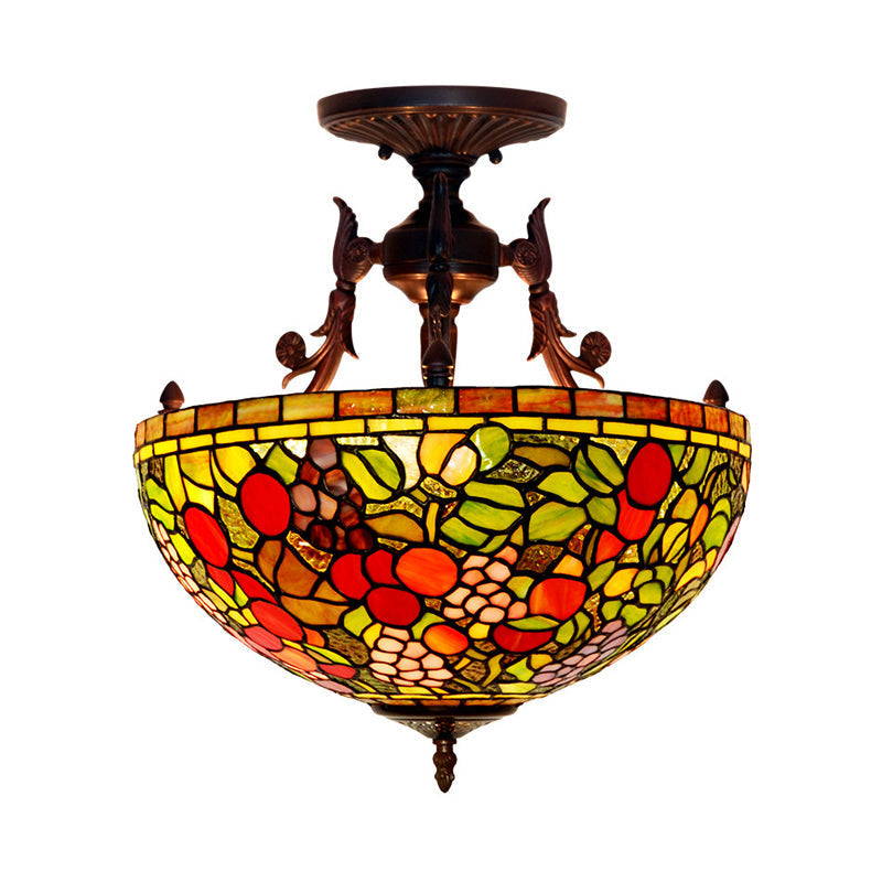 Mediterranean Flower Stained Glass Ceiling Light For Bedroom - 3-Light Semi Flush Mount In