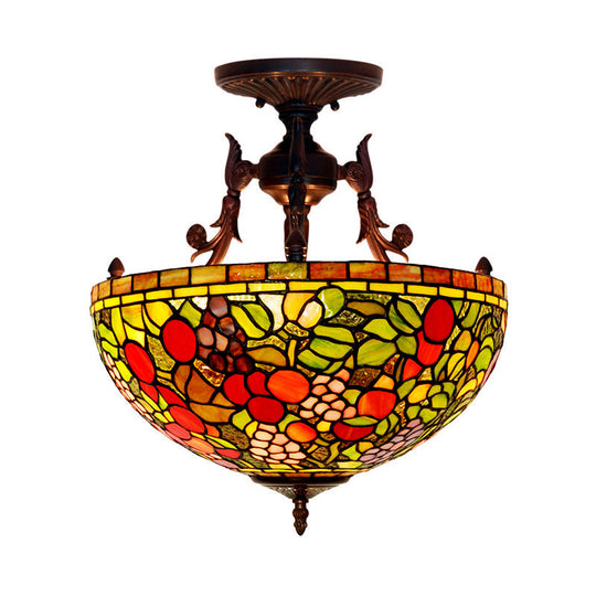 Mediterranean Flower Stained Glass Ceiling Light For Bedroom - 3-Light Semi Flush Mount In