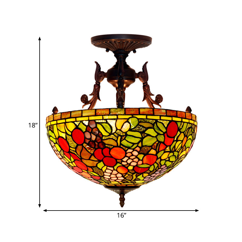 Mediterranean Flower Stained Glass Ceiling Light For Bedroom - 3-Light Semi Flush Mount In