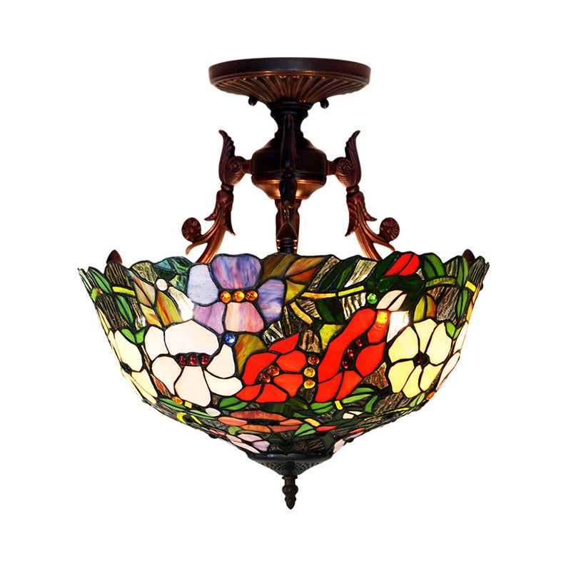 Mediterranean Flower Stained Glass Ceiling Light For Bedroom - 3-Light Semi Flush Mount In