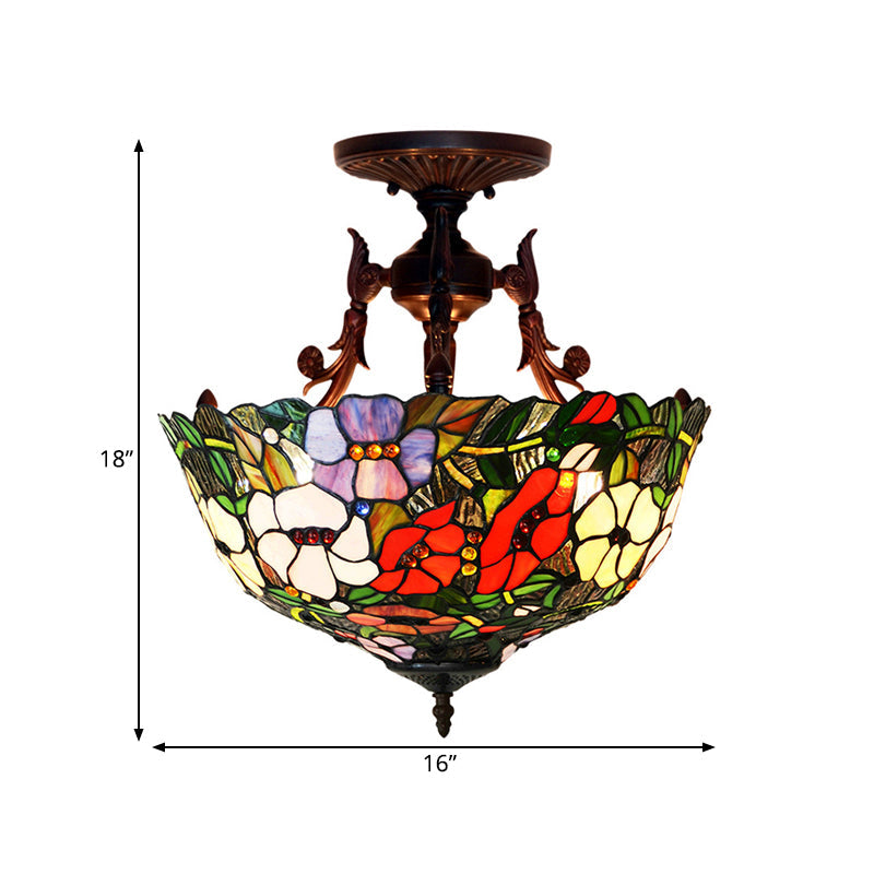 Mediterranean Flower Stained Glass Ceiling Light For Bedroom - 3-Light Semi Flush Mount In