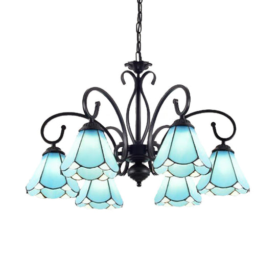 Tiffany Style Blue Glass Chandelier With Black Frame And Multiple Lights